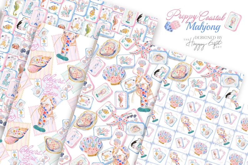 Puede incluir: Una tela blanca con un patr&oacute;n repetitivo de ilustraciones en acuarela que incluyen langostas, conchas marinas, estrellas de mar, caballitos de mar y fichas de mahjong. El texto "Preppy Coastal Mahjong" y "Cheers! Bird Bam" est&aacute; impreso en letra cursiva.