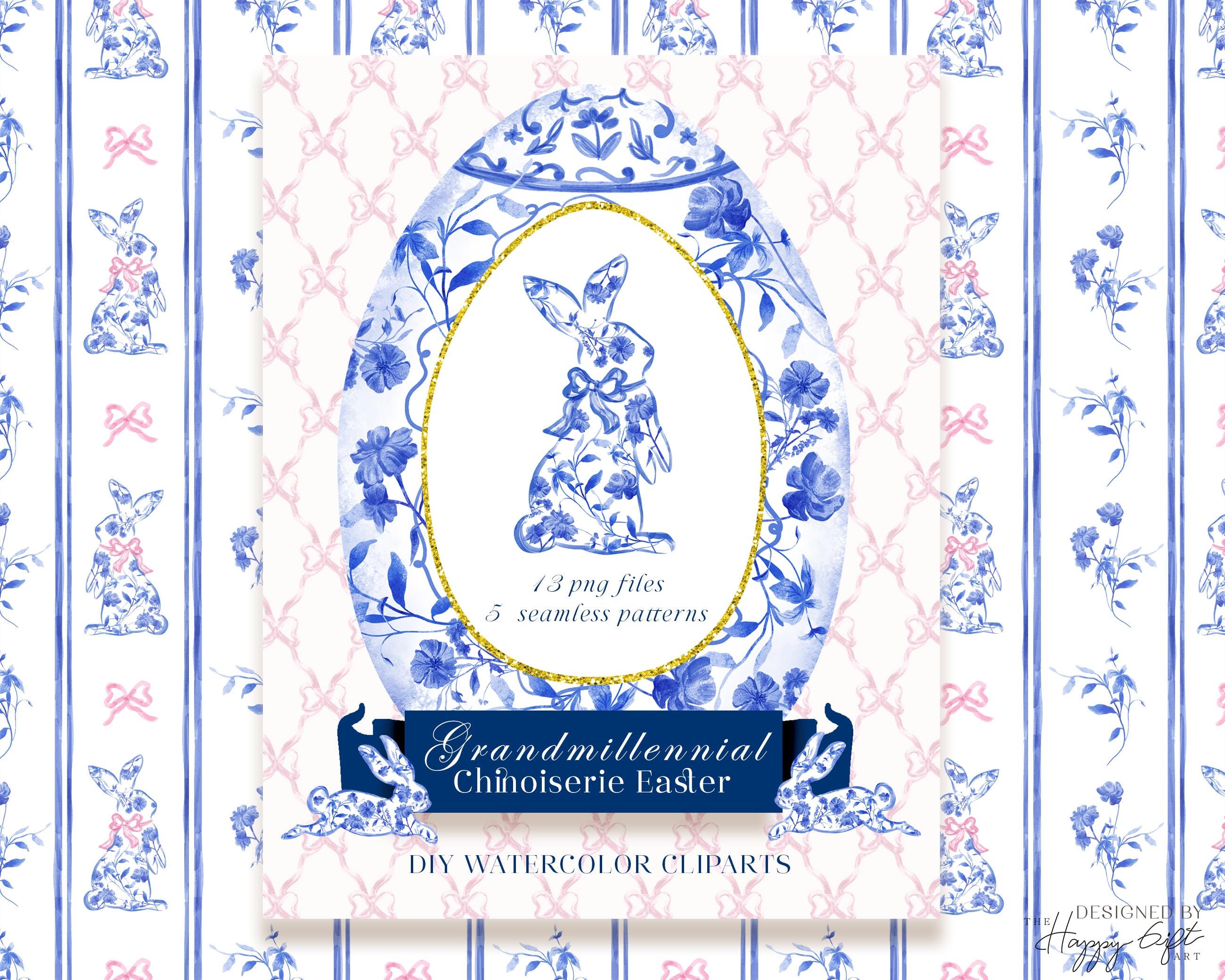 Grandmillennial Chinoiserie Easter clipart Easter watercolor clipart Chinoiserie Toile Bunny Easter egg DIY digital clipart U00249