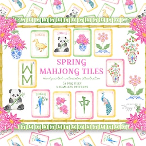 Puede incluir: Ilustración en acuarela de fichas de Mahjong de primavera. El diseño presenta arreglos florales, pandas y pavos reales en fichas individuales. El texto "SPRING MAHJONG TILES" se muestra en el centro, con detalles de archivos y patrones.