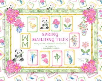 Watercolor Mahjong Tiles Clipart - Chinoiserie Mahjong Set - Grandmillennial Clipart  (Digital Download)