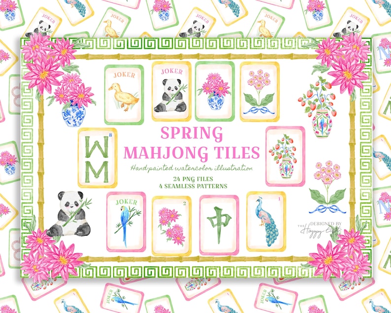 K&ouml;nnte beinhalten: Aquarell-Illustration von Fr&uuml;hlings-Mahjong-Kacheln. Das Design zeigt Blumenarrangements, Pandas und Pfauen auf einzelnen Kacheln. Der Text "SPRING MAHJONG TILES" ist in der Mitte abgebildet, mit Details zu Dateien und Mustern.