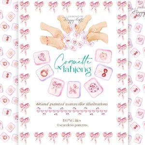 Könnte beinhalten: Ein Set mit 19 Aquarell-Illustrationen von rosa und weißen Mahjong-Steinen mit einer rosa Schleife auf jedem Stein. Die Steine sind in einem Raster angeordnet. Der Text "Coquette Mahjong" ist in einer dekorativen Schrift oben im Bild geschrieben. Das Bild enthält auch vier nahtlose Muster aus rosa Schleifen.