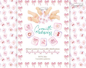 Puede incluir: Un conjunto de 19 ilustraciones de acuarela de fichas de mahjong rosas y blancas con un lazo rosa en cada ficha. Las fichas están dispuestas en una cuadrícula. El texto "Coquette Mahjong" está escrito en una fuente decorativa en la parte superior de la imagen. La imagen también incluye cuatro patrones sin costuras de lazos rosas.