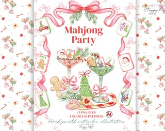 May include: A digital graphic titled Mahjong Party featuring watercolor illustrations of martini glasses, gingerbread cookies, Christmas trees, and mahjong tiles framed by a pink ribbon. The design includes 15 PNG files and 4 seamless patterns.