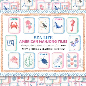 May include: A set of hand-painted watercolour illustrations of American Mahjong tiles, featuring sea life imagery. The tiles depict a crab, flowers, a seagull, a whale, a seahorse, and a jellyfish. The text reads "SEA LIFE AMERICAN MAHJONG TILES".