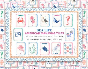 May include: Watercolor illustrations of American Mahjong tiles with a sea life theme. The tiles feature images of a crab, flowers, a seagull, a whale, a seahorse, and a jellyfish. The text "SEA LIFE AMERICAN MAHJONG TILES" is displayed.