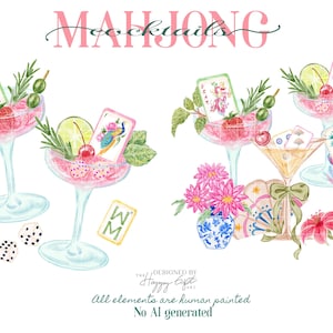 Watercolor Mahjong clipart - Mahjong cocktails clipart - Mahjong cocktail napkin design PNG digital download - Mahjong tiles Cheers bird bam image 3