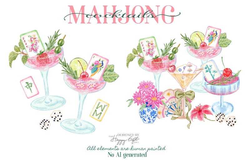 Watercolor Mahjong clipart - Mahjong cocktails clipart - Mahjong cocktail napkin design PNG digital download - Mahjong tiles Cheers bird bam image 3