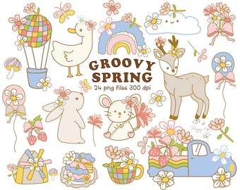 Groovy Spring Clipart , Groovy Animal Clipart, Cute Spring Clipart, Spring Clipart,Duck Bunny Clipart ,Retro Spring Clipart PNG  U00244