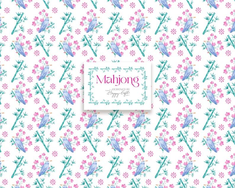 Pu&ograve; includere: Motivo ripetuto con uccelli blu appollaiati su rami di bamb&ugrave; verde con fiori di ciliegio rosa. Il design include la parola "Mahjong" in una cornice decorativa, con il testo "Designed by Happy Eight".