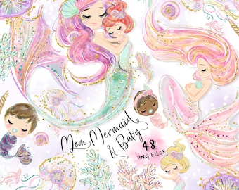 Mom mermaid and baby clipart,Mermaid clipart,Mom clipart,Mother's day clipart,Mermaid illustration,Mother's day png U0086