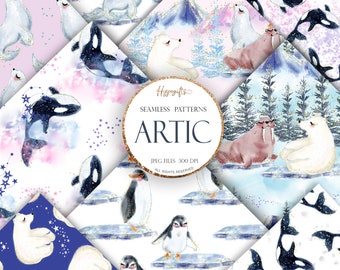 Artic animals digital papers,polar bear pattern,artic animals pattern,walrus,penguin,whale pattern,seal,pine tree patterns U0066