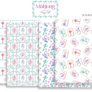 Pu&ograve; includere: Una collezione di motivi senza cuciture con disegni ad acquerello. I motivi presentano tessere di Mahjong, lanterne cinesi, uccelli ed elementi floreali nei toni del rosa, blu e verde. Il testo "Mahjong" e "Seamless Patterns" &egrave; visibile.