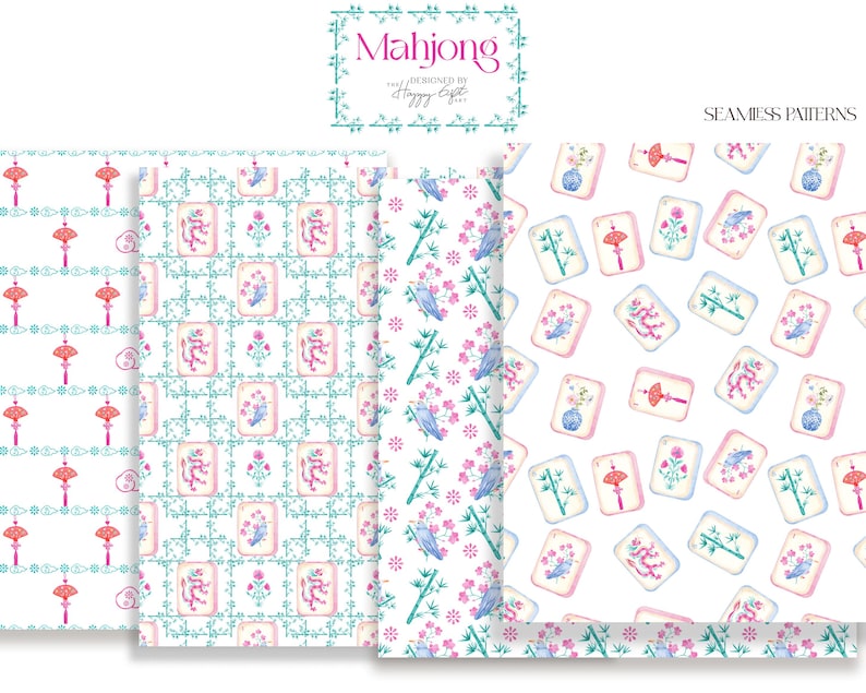 Pu&ograve; includere: Una collezione di motivi senza cuciture con disegni ad acquerello. I motivi presentano tessere di Mahjong, lanterne cinesi, uccelli ed elementi floreali nei toni del rosa, blu e verde. Il testo "Mahjong" e "Seamless Patterns" &egrave; visibile.