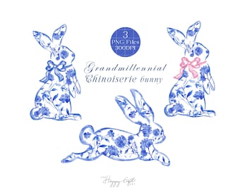 Chinoiserie Bunny Toile Bunny Oster Clipart Ostern Grandmillennial Ostern Aquarell Clipart DIY digitale Clipart U00250