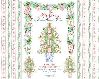 May include: A watercolour illustration of a Christmas tree adorned with Mahjong tiles. The image includes the text "Mahjong Christmas Tree" and "8 PNG files + 4 seamless patterns". The tree is in a blue and white vase.