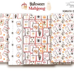 May include: A collection of Halloween-themed seamless patterns featuring Mahjong tiles, pumpkins, spiders, and the text "You're Next." The patterns are in shades of orange, white, and black, with a watercolor style.