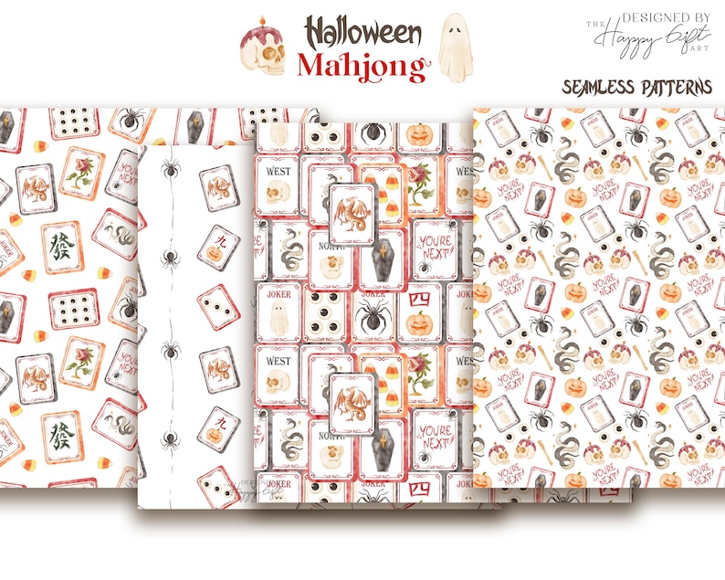May include: A collection of Halloween-themed seamless patterns featuring Mahjong tiles, pumpkins, spiders, and the text "You're Next." The patterns are in shades of orange, white, and black, with a watercolor style.