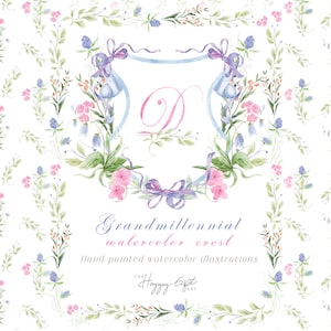 Stemma del fiore del Grandmillennial Illustrazioni di matrimonio Clipart ad acquerello fai da te Cresta del baby shower Documenti digitali U00222