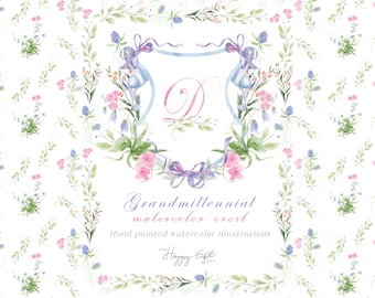 Grandmillennial  flower crest Wedding illustrations DIY watercolor clipart Baby shower crest Digital papers U00222