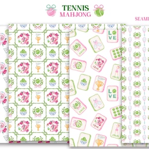 May include: A collection of seamless patterns with a tennis and mahjong theme. The patterns feature tennis rackets, balls, floral bouquets, trophies, and mahjong tiles. The color palette includes white, pink, green, and gold. The text "TENNIS MAHJONG" and "SEAMLESS PATTERNS" are visible.