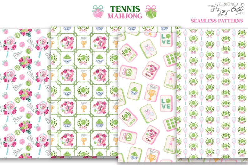 May include: A collection of seamless patterns with a tennis and mahjong theme. The patterns feature tennis rackets, balls, floral bouquets, trophies, and mahjong tiles. The color palette includes white, pink, green, and gold. The text "TENNIS MAHJONG" and "SEAMLESS PATTERNS" are visible.