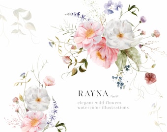 Clipart aquarelle floral sauvage - Aquarelle de fleurs - clipart fleur de printemps - clipart mariage - clipart peint à la main U00178