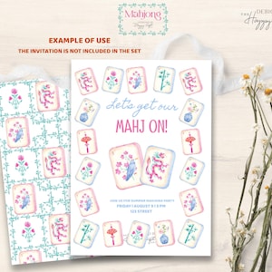 Pu&ograve; includere: Un design di invito ad acquerello con il testo "Let's get our MAHJ ON!" e illustrazioni di tessere di Mahjong. L'invito &egrave; circondato da motivi floreali e di tessere di Mahjong. Il testo "EXAMPLE OF USE" &egrave; anch'esso visibile.