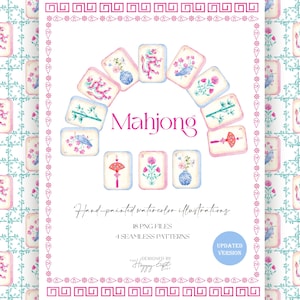 Op de afbeelding: Digitale illustratie met aquarel Mahjong-tegels met bloemen- en vogelmotieven. Het woord "Mahjong" staat in roze script. De afbeelding bevat ook de tekst "Hand-painted watercolor illustrations". De rand heeft een roze en wit ontwerp.