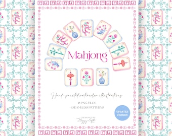 May include: Watercolor illustrations of Mahjong tiles with floral and bird designs, arranged in an arc. The image includes the word "Mahjong" in pink script, and the text "Hand-painted watercolor illustrations". The border has a pink and white design.