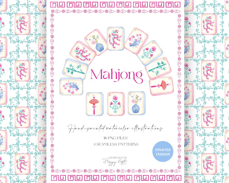Pu&ograve; includere: Illustrazione digitale di tessere Mahjong ad acquerello con motivi floreali e di uccelli. La parola "Mahjong" &egrave; in corsivo rosa. L'immagine include anche il testo "Hand-painted watercolor illustrations". Il bordo ha un design rosa e bianco.