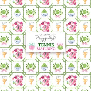 May include: A repeating pattern featuring tennis and mahjong-themed illustrations. The design includes tennis balls, trophies, floral dragons, and bowls with green and blue accents. The text "Tennis Mahjong" is displayed on a white background, framed by a green bamboo-style border.