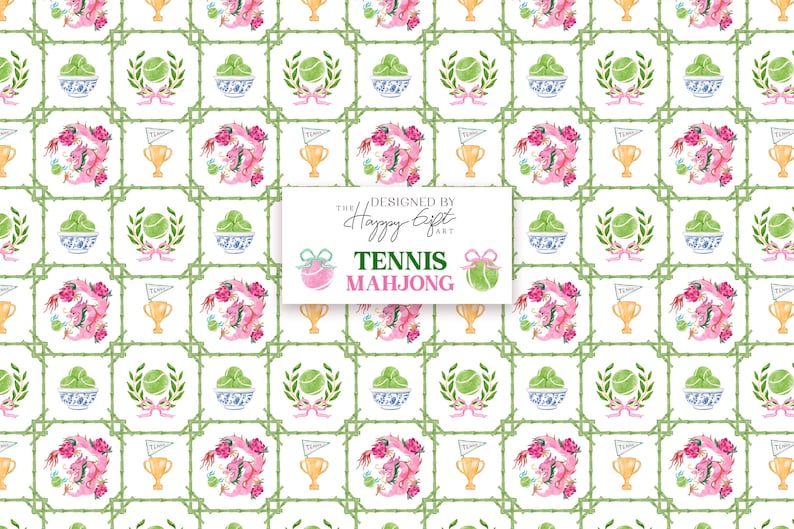 May include: A repeating pattern featuring tennis and mahjong-themed illustrations. The design includes tennis balls, trophies, floral dragons, and bowls with green and blue accents. The text "Tennis Mahjong" is displayed on a white background, framed by a green bamboo-style border.