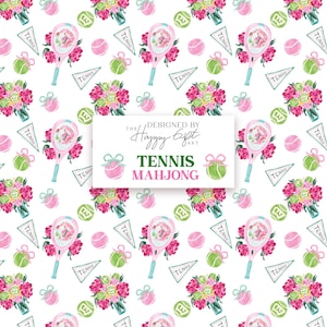 May include: A white background features a repeating pattern of tennis rackets, tennis balls, and floral bouquets in pink, green, and blue. The text "TENNIS MAHJONG" is displayed on a white rectangle.
