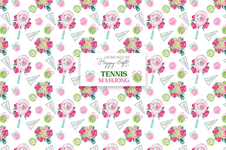 May include: A white background features a repeating pattern of tennis rackets, tennis balls, and floral bouquets in pink, green, and blue. The text "TENNIS MAHJONG" is displayed on a white rectangle.