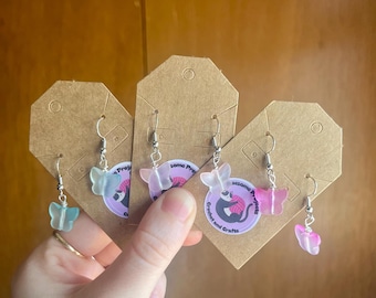 Butterfly earrings, Cottage core earrings, Butterfly dangle earrings, Nickel free earrings, Spring earrings, Pink, Blue, Clear