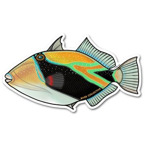 May include: A colorful sticker featuring a stylized illustration of a triggerfish. The fish has a yellow, orange, black, and green pattern with blue accents. The sticker has a white border and the text "RIVER COLLECTIVE CO." is visible.