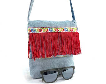 Sassy Red fringe purse, Small blue jean bag, Little crossbody tote, Tiny essentials sling, Vintage trim, Light blue denim clutch, Unique