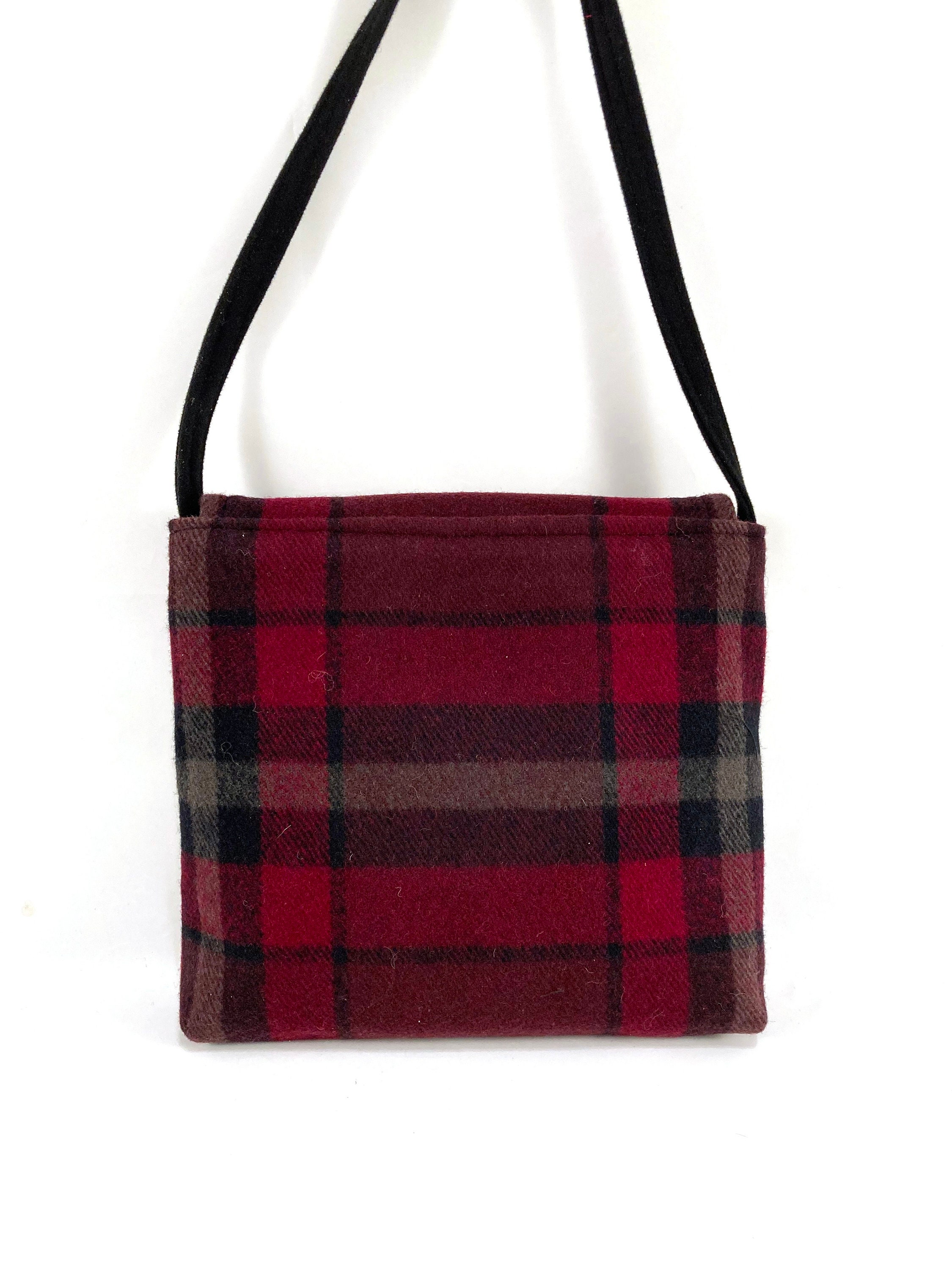 Burgundy Black Plaid Tote, 100 Percent Wool, Felted Wool Purse, Small