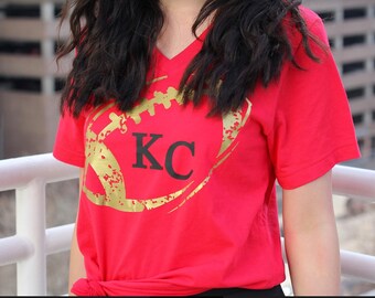Kansas City Gold Foil Football T-shirt.Kansas City Red Shirt.Kc. KC T shirt. Kansas City shirt.KC Tee.KCMO shirt.Kc apparel.Kc Women's shirt