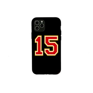 May include: Black phone case with a red and yellow number "15" on the back.