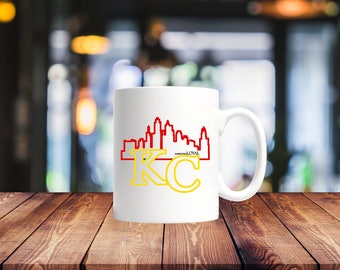 Red and Yellow KC Skyline.Kansas City.KC Skyline.KC coffee mug.Kc Coffee cup.Kcmo Mug.Kc Gift.City of Fountains.Kc Red Sunday Gameday FunDay