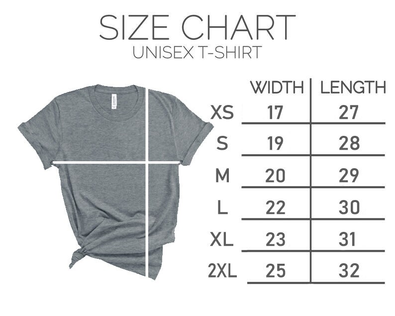 May include: Size chart for a unisex t-shirt, showing width and length measurements in inches for sizes XS, S, M, L, XL, and 2XL.