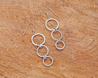 Three Circle Ring Drop Earrings - Open Hoop Earrings - Textured Drop Jewelry - Tactile Statement Earrings - Dangle Drop Hook Earrings