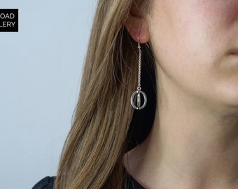 Oval Drop Sterling Silver Dangle Earrings - Geometric Statement Modern Hook Earrings - Chunky Silver Simple Earrings - Gift For Her