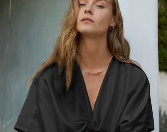 100% Silk Wrap Blouse in Black + Machine Washable