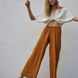 100% Raw Silk Wide Leg Lounge and Travel Pants With Elastic Waist