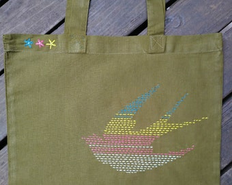 Modern Sashiko Swallow Bird Embroidery Tote Bag Kit