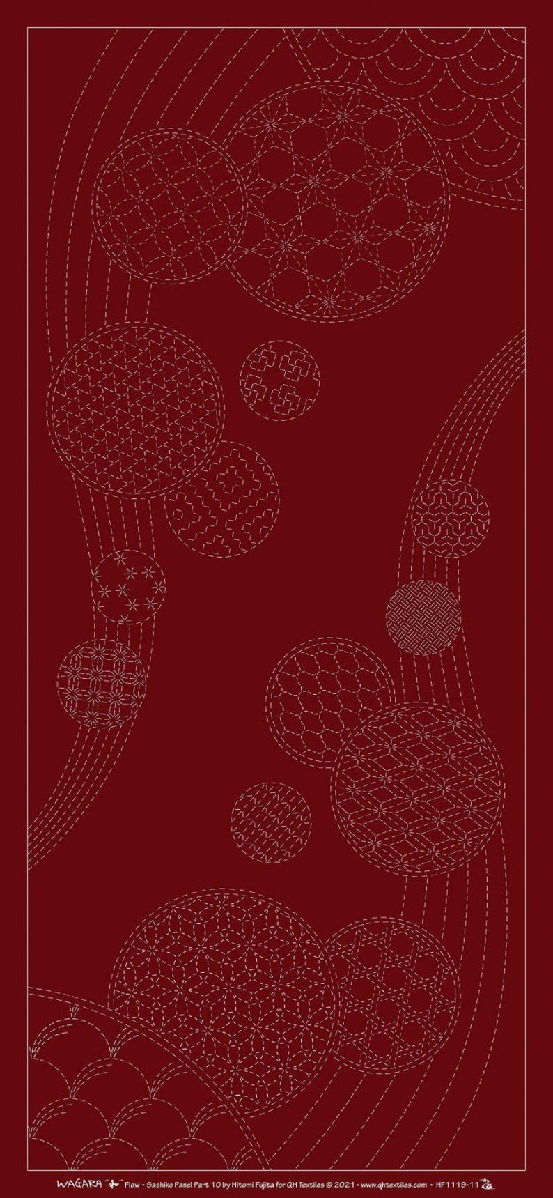 Puede incluir: Un panel textil burdeos con un patr&oacute;n de c&iacute;rculos cosidos blancos y l&iacute;neas curvas. Los c&iacute;rculos muestran varios dise&ntilde;os geom&eacute;tricos. El texto "WAGARA Flow" y otros detalles est&aacute;n en la parte inferior.