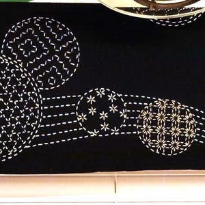 Puede incluir: Cenefa de tela negra con patrones circulares bordados en blanco y l&iacute;neas punteadas. El dise&ntilde;o presenta c&iacute;rculos de varios tama&ntilde;os con costuras detalladas, creando un aspecto decorativo y texturizado.